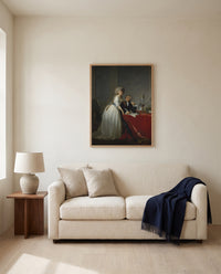 The Lavoisiers by Jacques-Louis David framed in natural oak above a cream sofa in a warm living room
