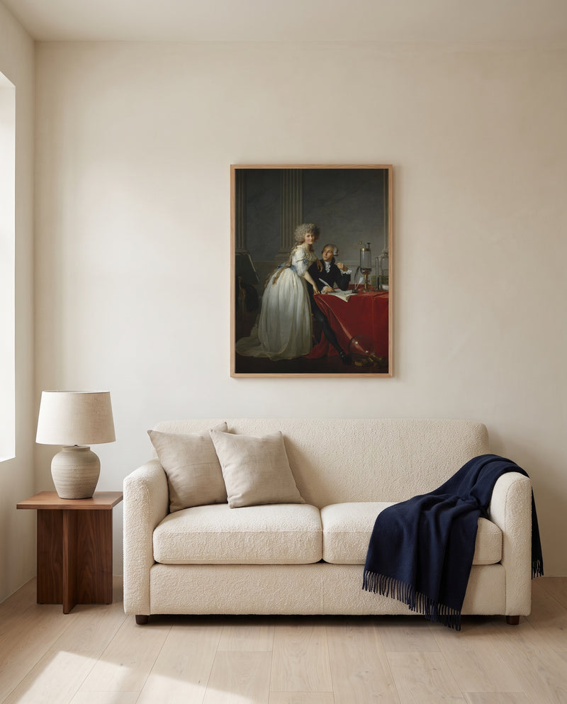 The Lavoisiers by Jacques-Louis David framed in natural oak above a cream sofa in a warm living room