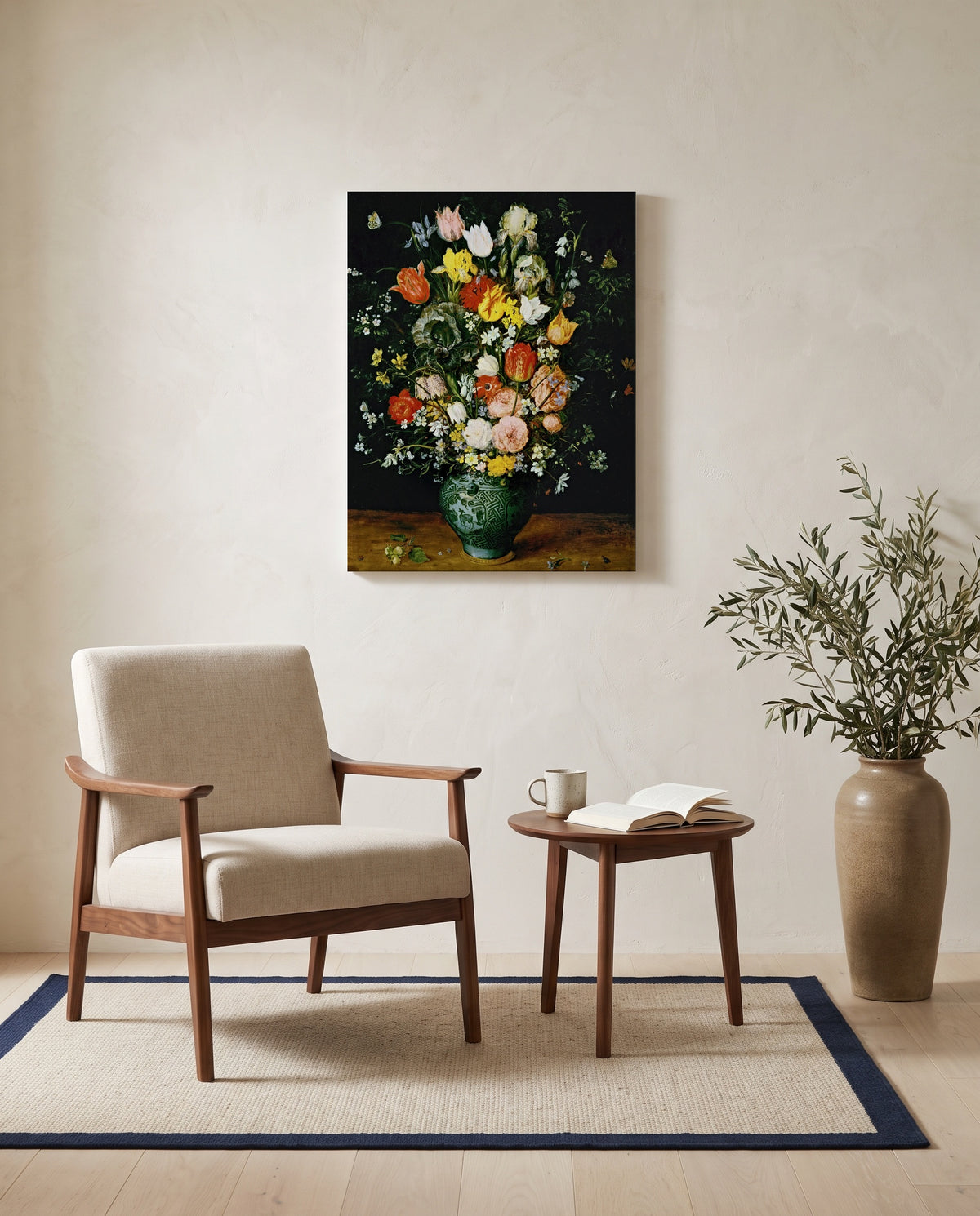 Flowers in a Blue Vase by Jan Brueghel the Elder as a stretched canvas above a linen lounge chair in a reading corner
