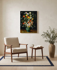 Flowers in a Blue Vase by Jan Brueghel the Elder as a stretched canvas above a linen lounge chair in a reading corner