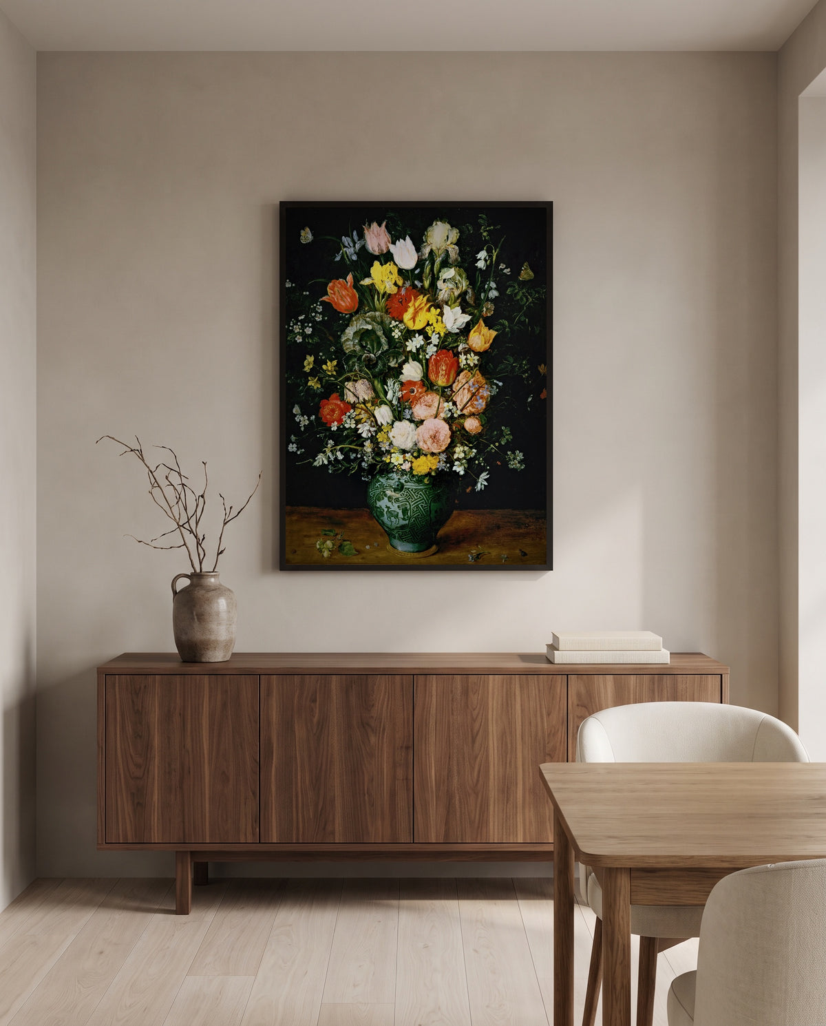Flowers in a Blue Vase by Jan Brueghel the Elder in a black frame above a walnut sideboard in a dining room
