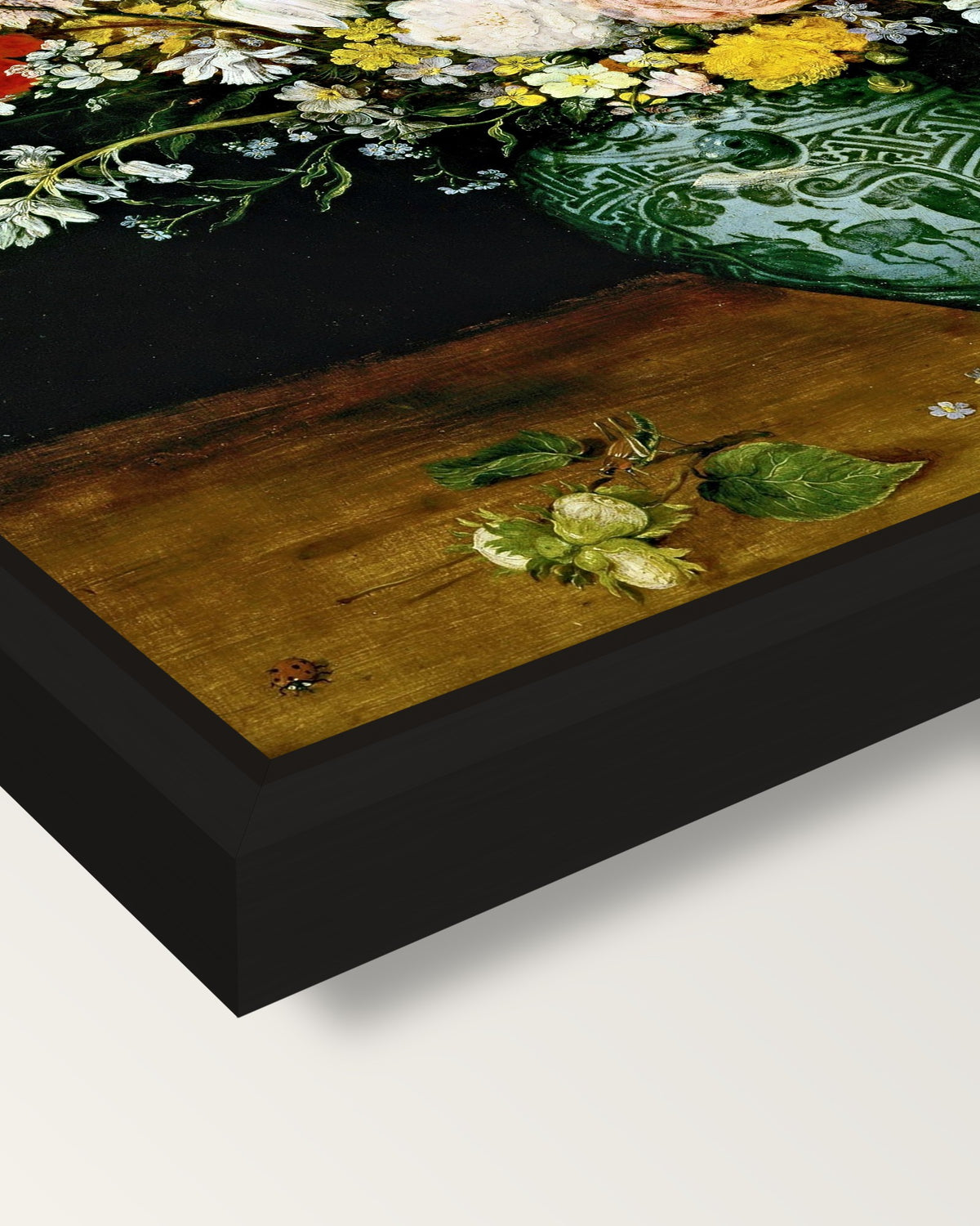 Flowers in a Blue Vase by the Elder framed canvas, corner close-up: a black floating frame with a shadow gap round the canvas