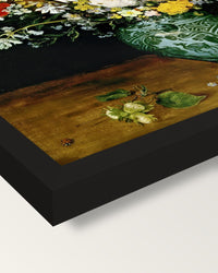 Flowers in a Blue Vase by the Elder framed print, corner close-up: black moulding, mitred, the print set just below its edge