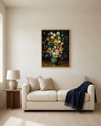 Flowers in a Blue Vase by Jan Brueghel the Elder framed in natural oak above a cream sofa in a warm living room