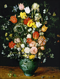 Bouquet of Flowers in a Blue Vase by Jan Brueghel the Elder: tulips, roses and a dark iris in a blue Chinese vase