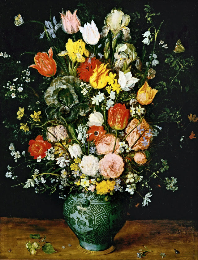 Bouquet of Flowers in a Blue Vase by Jan Brueghel the Elder: tulips, roses and a dark iris in a blue Chinese vase