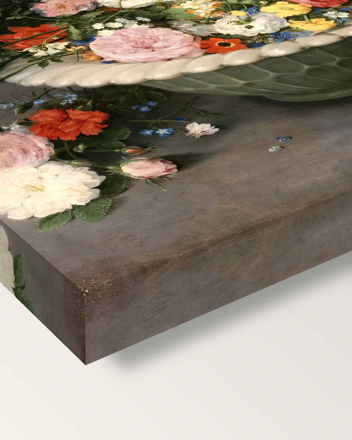 Flowers in a Bowl by Jan Brueghel the Elder on stretched canvas, corner close-up: the painting mirror-wrapped round the sides