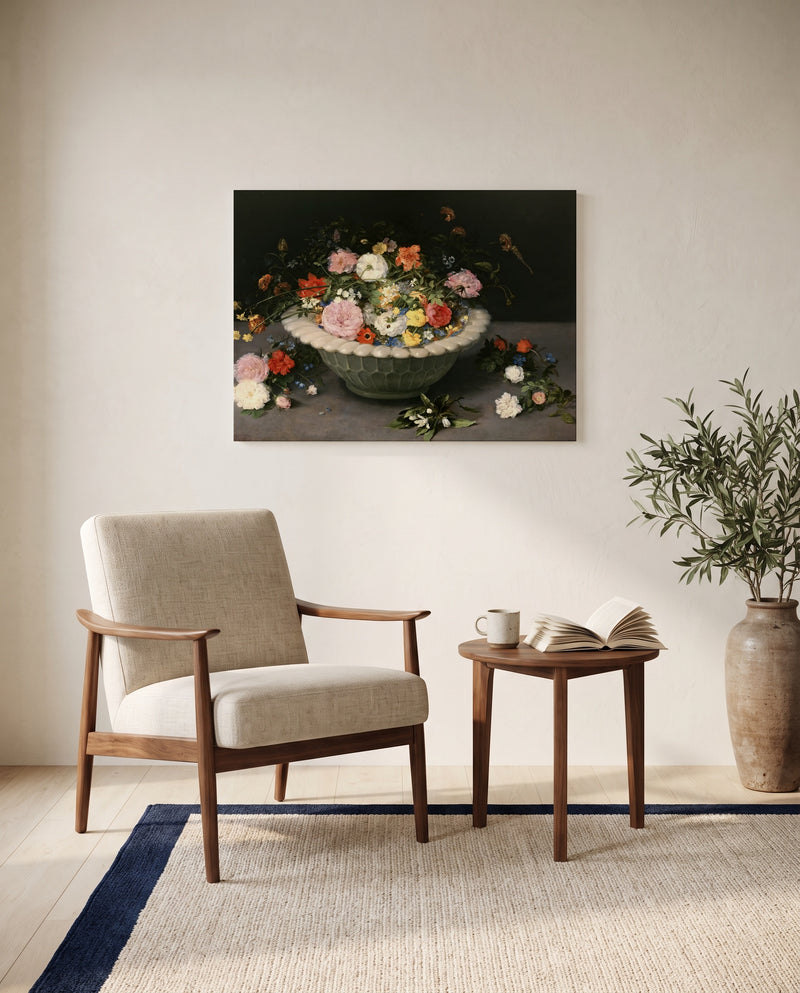 Flowers in a Bowl by Jan Brueghel the Elder as a stretched canvas above a linen lounge chair in a reading corner