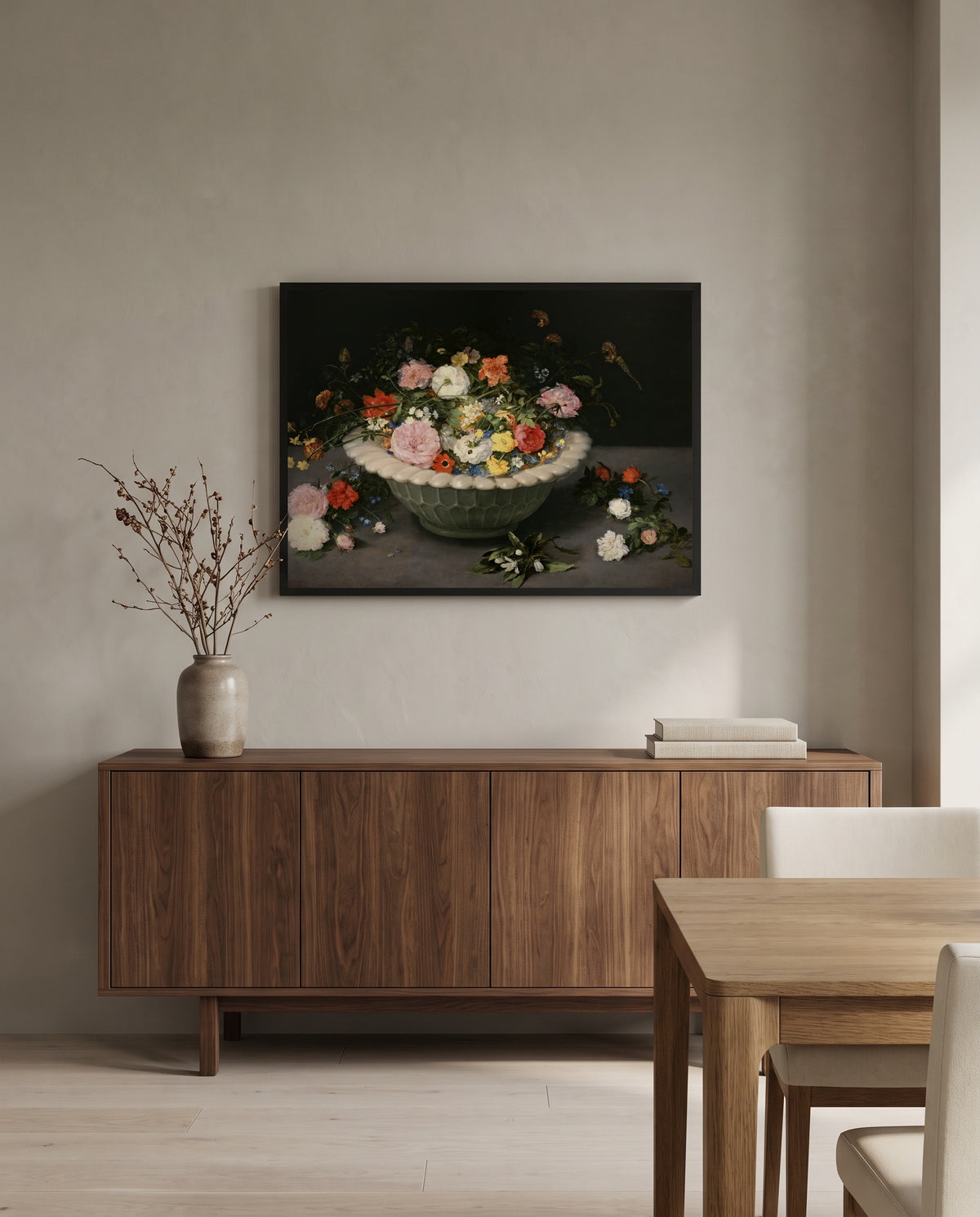 Flowers in a Bowl by Jan Brueghel the Elder in a black frame above a walnut sideboard in a dining room