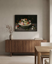 Flowers in a Bowl by Jan Brueghel the Elder in a black frame above a walnut sideboard in a dining room
