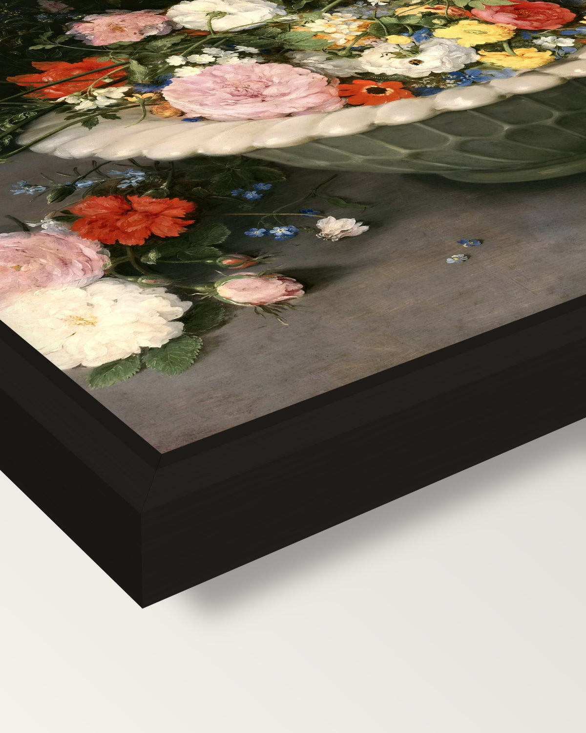 Flowers in a Bowl by the Elder framed canvas, corner close-up: a black floating frame with a shadow gap round the canvas