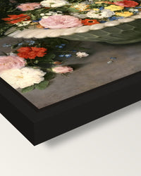 Flowers in a Bowl by the Elder framed canvas, corner close-up: a black floating frame with a shadow gap round the canvas
