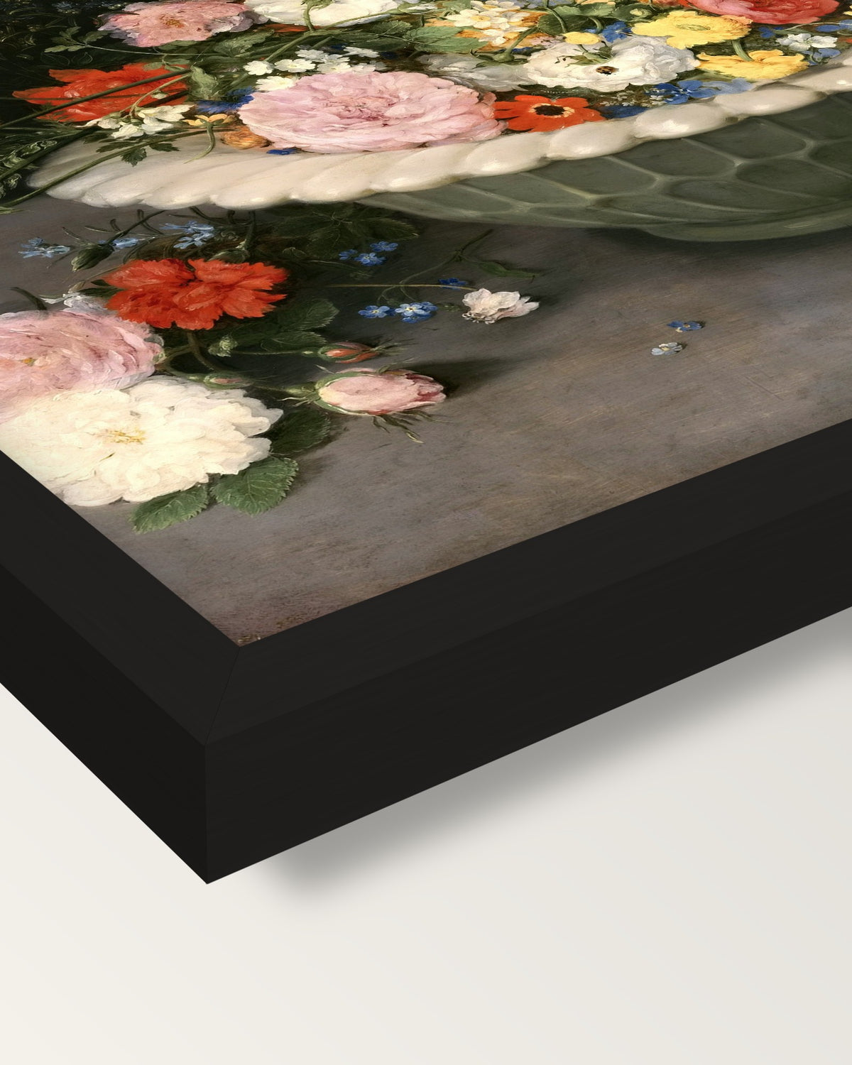 Flowers in a Bowl by the Elder framed print, corner close-up: black moulding, mitred, the print set just below its edge