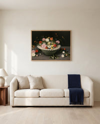 Flowers in a Bowl by Jan Brueghel the Elder framed in natural oak above a cream sofa in a warm living room