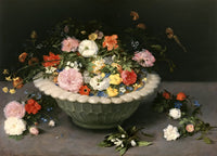 Flowers in a Bowl by Jan Brueghel the Elder: roses, anemones and small flowers in a wide fluted bowl on a table