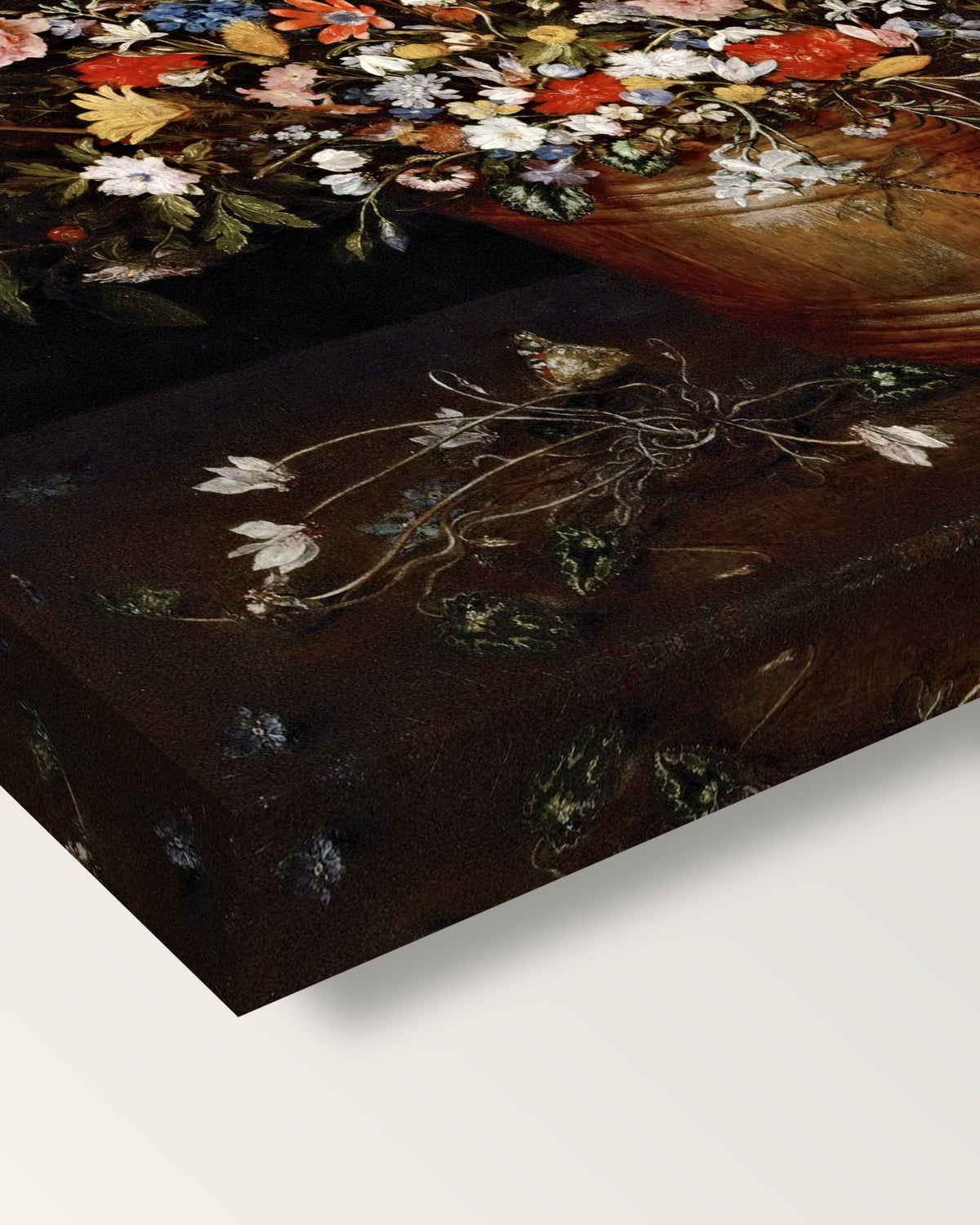 Large Bouquet of Flowers by the Elder on stretched canvas, corner close-up: the painting mirror-wrapped round the sides
