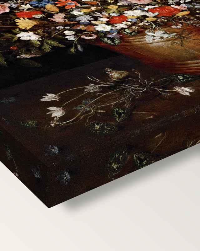 Large Bouquet of Flowers by the Elder on stretched canvas, corner close-up: the painting mirror-wrapped round the sides