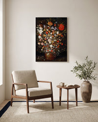 Large Bouquet of Flowers by Jan Brueghel the Elder as a stretched canvas above a linen lounge chair in a reading corner