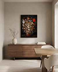 Large Bouquet of Flowers by Jan Brueghel the Elder in a black frame above a walnut sideboard in a dining room