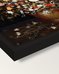 Large Bouquet of Flowers framed canvas, corner close-up: a black floating frame with a shadow gap round the canvas
