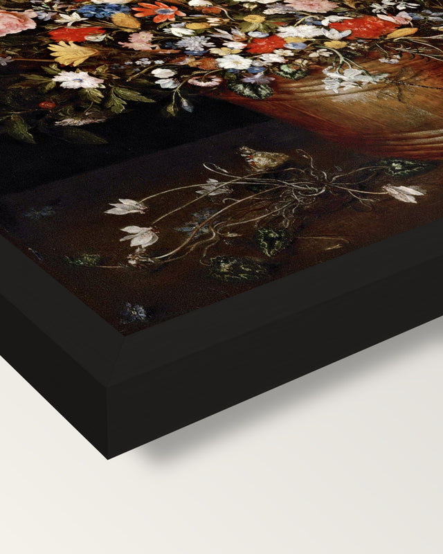 Large Bouquet of Flowers framed print, corner close-up: black moulding, mitred, the print set just below its edge