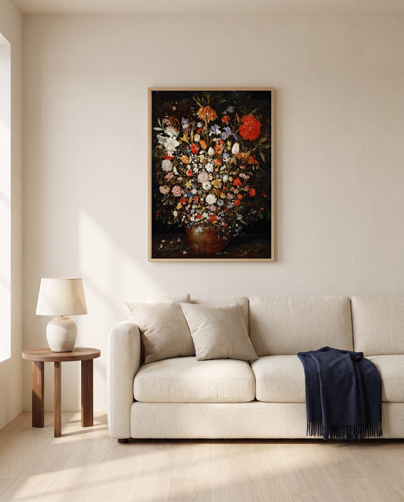 Large Bouquet of Flowers by Jan Brueghel the Elder framed in natural oak above a cream sofa in a warm living room