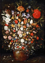 Large Bouquet of Flowers by Jan Brueghel the Elder: a towering bouquet of tulips, irises, lilies and roses in a wooden tub