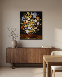 Small Bouquet of Flowers by Jan Brueghel the Elder in a black frame above a walnut sideboard in a dining room