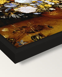 Small Bouquet of Flowers framed canvas, corner close-up: a black floating frame with a shadow gap round the canvas