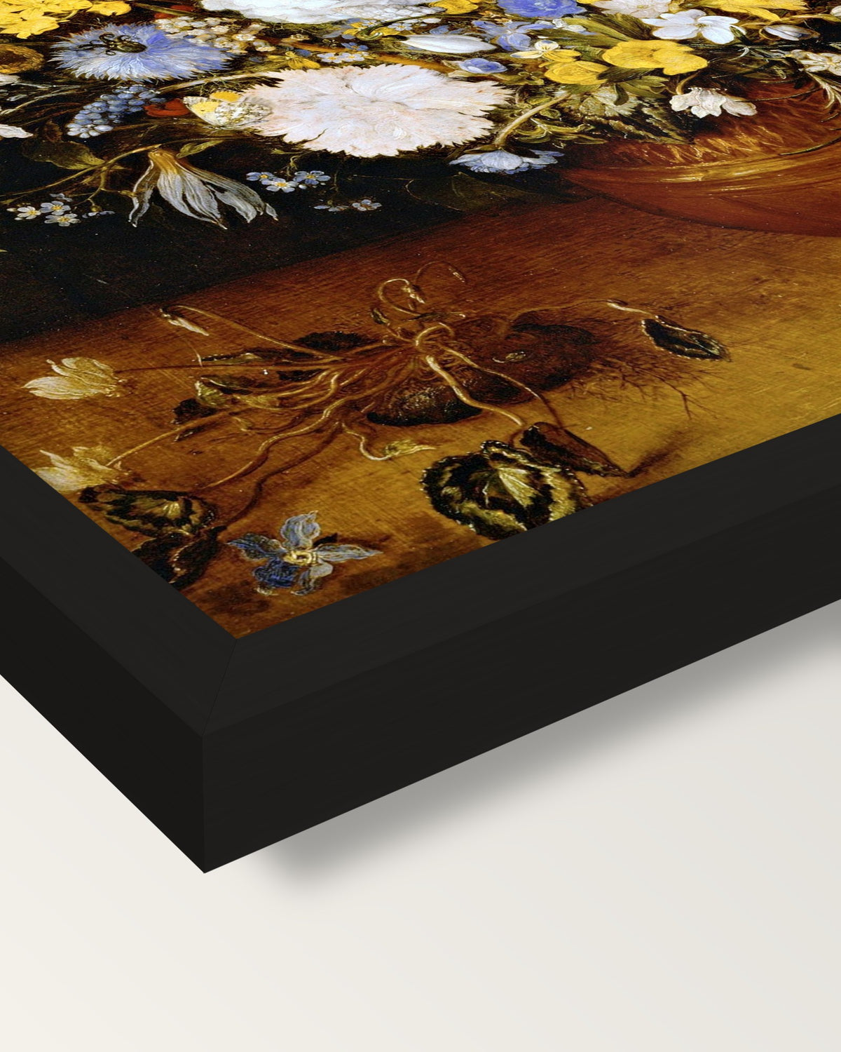 Small Bouquet of Flowers framed print, corner close-up: black moulding, mitred, the print set just below its edge