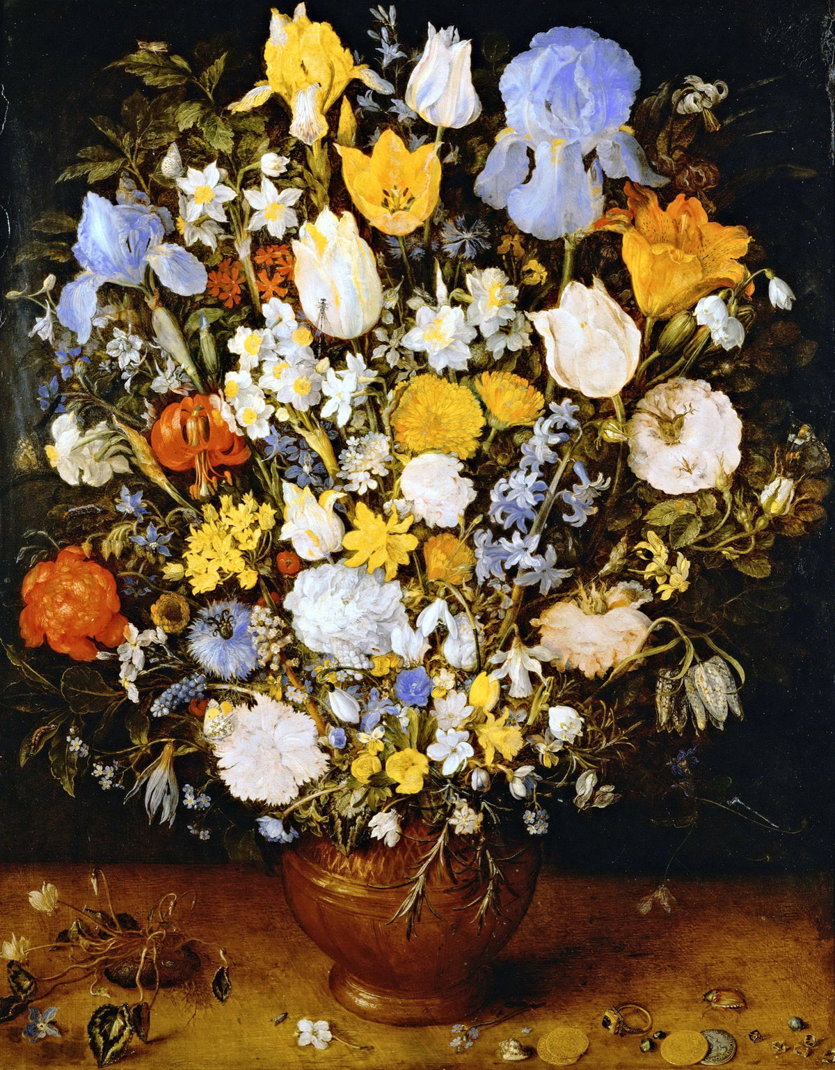 Small Bouquet of Flowers by Jan Brueghel the Elder: blue irises, tulips and lilies in a brown vase above coins and a ring