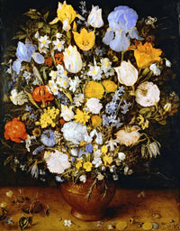 Small Bouquet of Flowers by Jan Brueghel the Elder: blue irises, tulips and lilies in a brown vase above coins and a ring