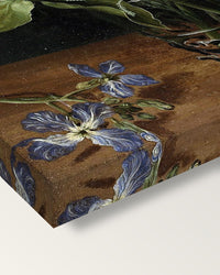 Flowers in a Glass by the Elder on stretched canvas, corner close-up: the painting mirror-wrapped round the sides