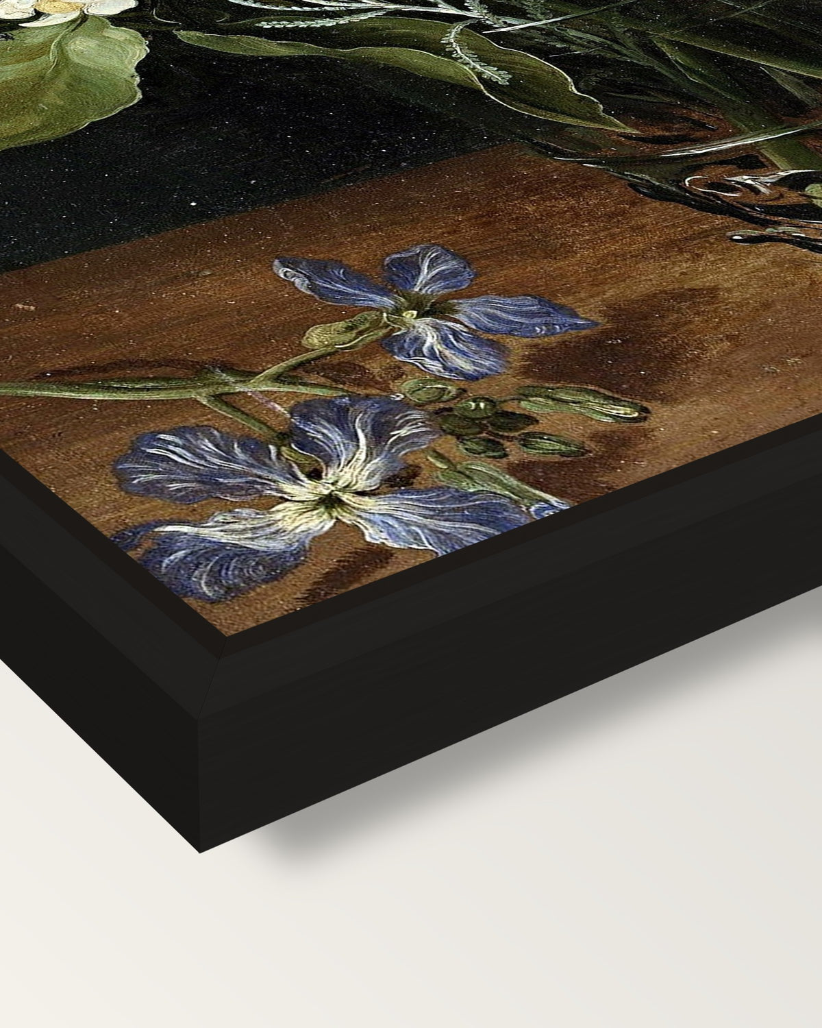 Flowers in a Glass by the Elder framed canvas, corner close-up: a black floating frame with a shadow gap round the canvas