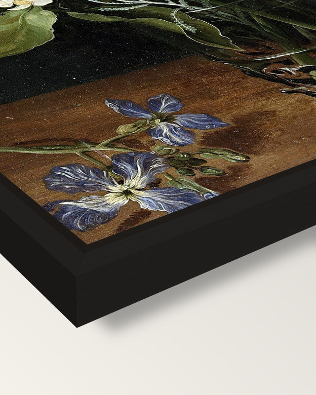 Flowers in a Glass by the Elder framed canvas, corner close-up: a black floating frame with a shadow gap round the canvas