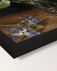 Flowers in a Glass by the Elder framed print, corner close-up: black moulding, mitred, the print set just below its edge