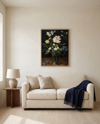Flowers in a Glass by Jan Brueghel the Elder framed in natural oak above a cream sofa in a warm living room