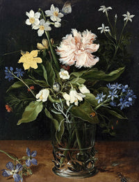 Still Life with Flowers in a Glass by Jan Brueghel the Elder: a pink carnation, narcissi and blue flowers in a glass beaker