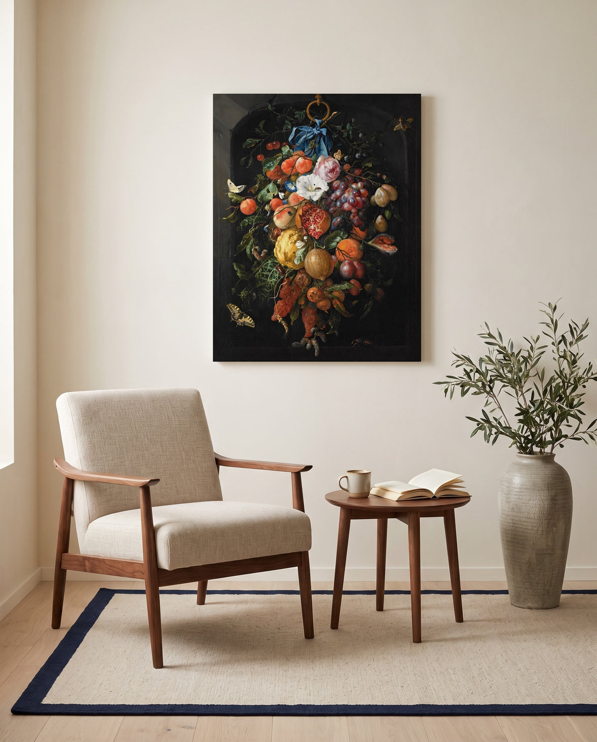 Festoon of Fruit and Flowers by Jan Davidsz. de Heem as a stretched canvas above a linen lounge chair in a reading corner