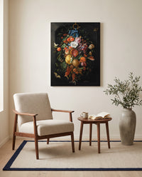 Festoon of Fruit and Flowers by Jan Davidsz. de Heem as a stretched canvas above a linen lounge chair in a reading corner
