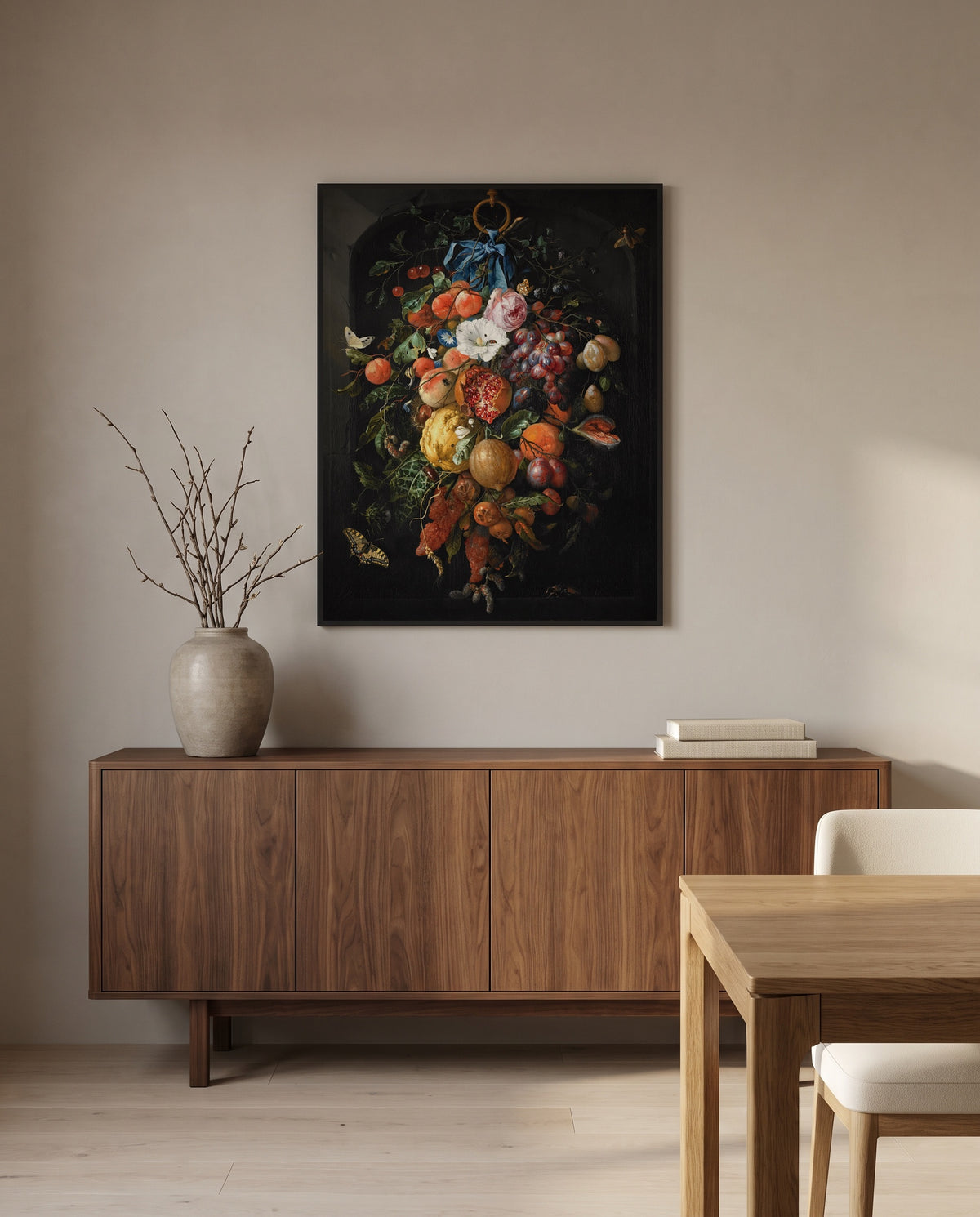 Festoon of Fruit and Flowers by Jan Davidsz. de Heem in a black frame above a walnut sideboard in a dining room