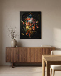 Festoon of Fruit and Flowers by Jan Davidsz. de Heem in a black frame above a walnut sideboard in a dining room