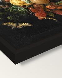Festoon of Fruit and Flowers framed canvas, corner close-up: a black floating frame with a shadow gap round the canvas