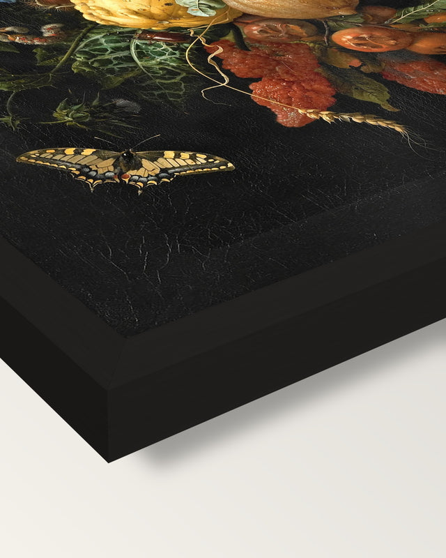 Festoon of Fruit and Flowers framed print, corner close-up: black moulding, mitred, the print set just below its edge