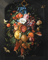 Festoon of Fruit and Flowers by de Heem: grapes, a pomegranate, lemons and roses hanging from a blue ribbon in a dark niche