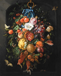 Festoon of Fruit and Flowers by de Heem: grapes, a pomegranate, lemons and roses hanging from a blue ribbon in a dark niche