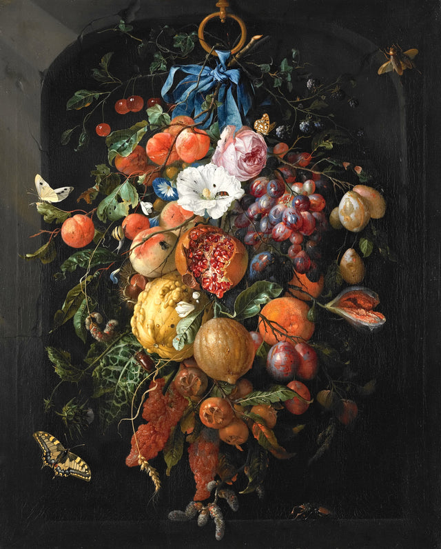 Festoon of Fruit and Flowers by de Heem: grapes, a pomegranate, lemons and roses hanging from a blue ribbon in a dark niche