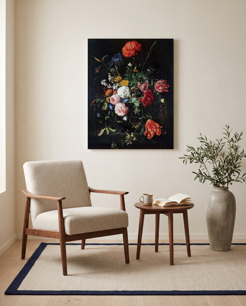 Flowers in a Glass Vase (1670) by Jan Davidsz. de Heem as a stretched canvas above a linen lounge chair in a reading corner