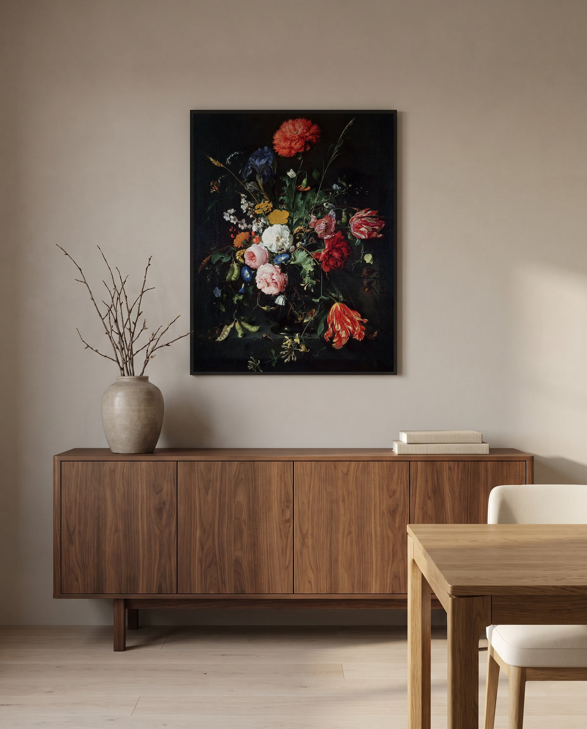 Flowers in a Glass Vase (1670) by Jan Davidsz. de Heem in a black frame above a walnut sideboard in a dining room