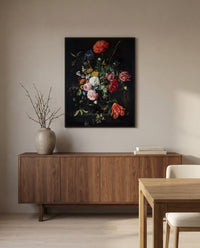 Flowers in a Glass Vase (1670) by Jan Davidsz. de Heem in a black frame above a walnut sideboard in a dining room